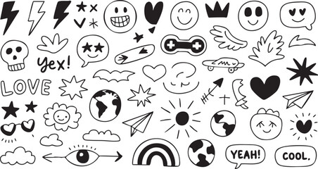 Naklejka premium Collection of various black and white doodles isolated on white background, including hearts and stars