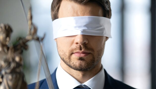 Businessman with blindfold, scales of justice