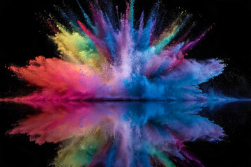 Colorful powder paint explodes on reflective black. Creates vibrant abstract background for posters, presentations, or branding.