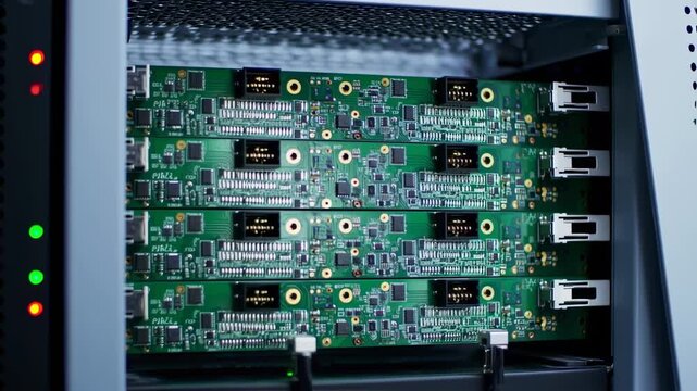 Close-up of multiple green circuit boards inside a server rack