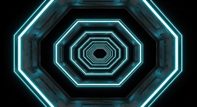 Infinite teal neon octagons receding into a dark tunnel, creating a mesmerizing perspective.
