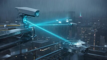 Futuristic city surveillance system with advanced security technology in rainy weather - Powered by Adobe