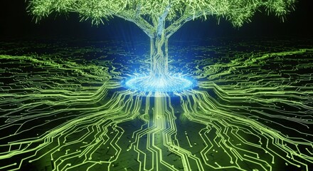 A tree with glowing roots spreading across a circuit board-like surface, emanating blue light from its base.