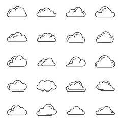 Art of collection of various cloud shapes and styles, simple line art icons representing weather and atmosphere, isolated on a light gray background