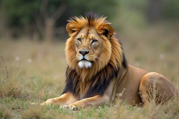 Obraz premium Majestic Lion Resting in Grassy Field, Wildlife Portrait