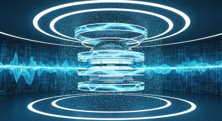 A glowing blue futuristic energy core inside a high-tech chamber with a digital soundwave display.