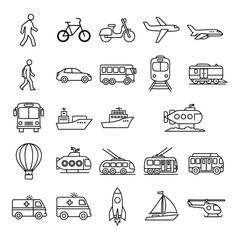 Art of collection of diverse transportation and vehicle icons, including people, bicycles, cars, buses, trains, airplanes, ships, submarines, and helicopters, isolated on white background