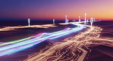 Futuristic digital landscape with vibrant light trails illustrating data flow on a winding abstract path under a twilight sky.