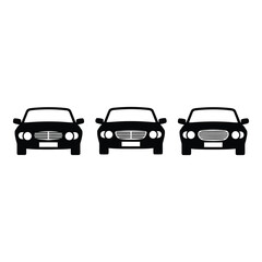Fototapeta premium Art of three black car silhouettes with detailed front views, isolated on a white background