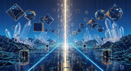 A glowing vertical beam of light rises from a digital grid landscape surrounded by crystals and floating polyhedra.