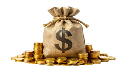 A burlap money bag with a prominent dollar sign, overflowing with shiny golden coins. Perfect for themes of finance, savings, investment, wealth, and success.