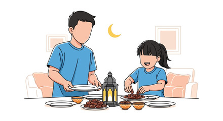Family preparing Iftar meal for Ramadan. Father and daughter setting table with dates and lantern, celebrating Islamic tradition.