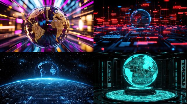 Four stylized globes with abstract digital backgrounds, glowing and futuristic look - Powered by Adobe