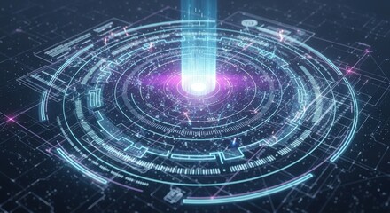 Fototapeta premium Abstract digital illustration of a glowing blue and purple beam emanating from a complex circular network with interconnected lines and nodes.