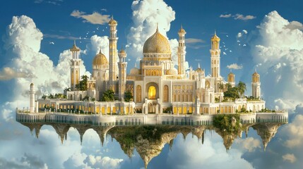Obraz premium Majestic Floating Palace Surrounded by Dreamy Clouds and Sky