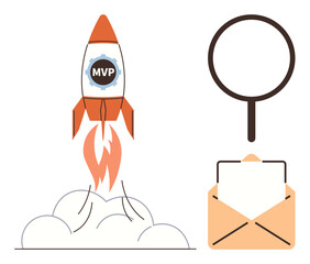 Rocket labeled MVP launching amidst smoke, magnifying glass symbolizing research, and envelope for communication. Ideal for innovation, entrepreneurship, technology, market analysis, startup growth