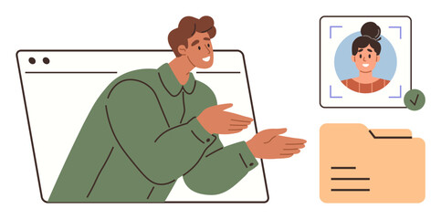 Person gesturing from browser window, profile picture verification with checkmark, folder icon. Ideal for remote work, authentication, collaboration, project management, data organization, teamwork