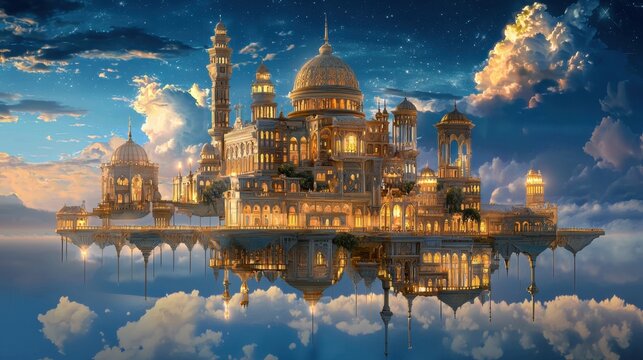 Floating Fantasy City with Dreamlike Clouds and Glowing Architecture