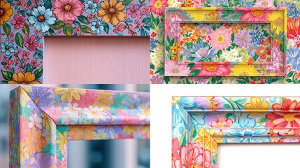 Four-panel collage showcasing colorful floral-patterned picture frames against varying backgrounds with detailed corners