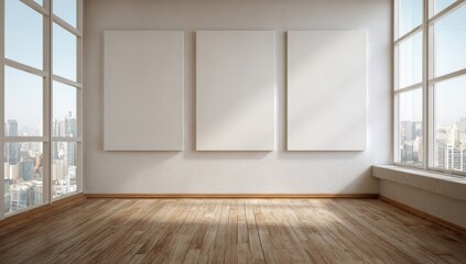Bright and spacious room featuring three blank canvases on the wall, illuminated by natural light streaming through large overlooking a cityscape.