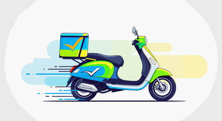 Illustration of a delivery scooter with a box and speed lines on a white background design element