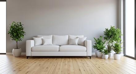 A modern living room features a plush white sofa flanked by potted green plants and large windows, creating a bright and airy atmosphere.