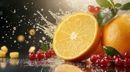 Fresh Orange Slices with Juicy Splash and Berries on Dark Background