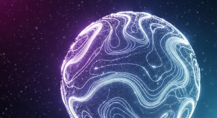 A glowing digital sphere with swirling, luminous energy currents floats in a starry cosmic background.