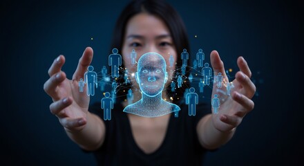 Woman presents digital human head surrounded by connected people icons