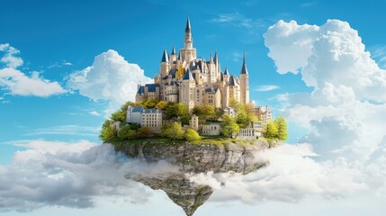Obraz premium Majestic Floating Castle Surrounded by Cloudy Sky and Lush Trees