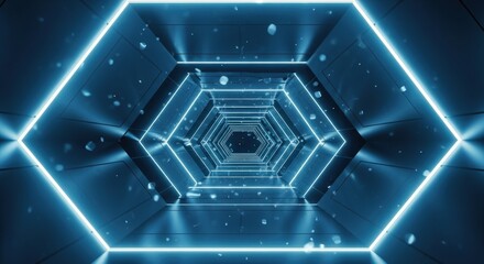 Futuristic, hexagonal tunnel with vibrant blue neon lighting and floating particles.
