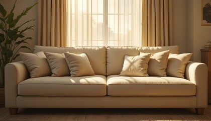 Warm light spilling over a soft beige sofa with pillows