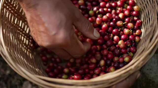 Coffee cherries in a woven basket