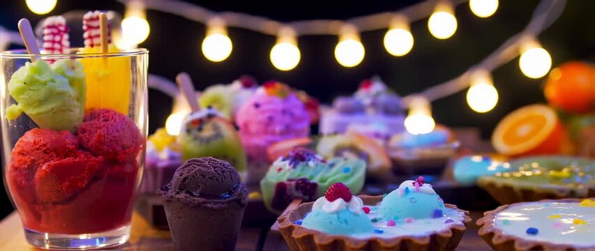 Colorful array of ice cream, sorbets, and tarts under string lights