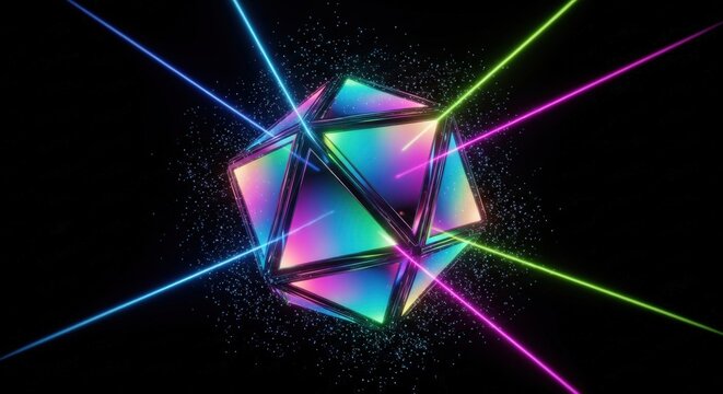 A vibrant iridescent polyhedron is pierced by colorful neon laser beams on a dark, speckled background. - Powered by Adobe