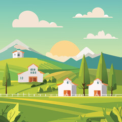 Fototapeta premium Scenic Green Village Landscape with Fields and Hills – Peaceful Countryside View under Clear Daylight