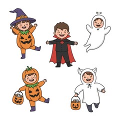 A cute collection of cartoon children in Halloween costumes like a vampire, ghost, and pumpkin, ready for a fun trick-or-treat party