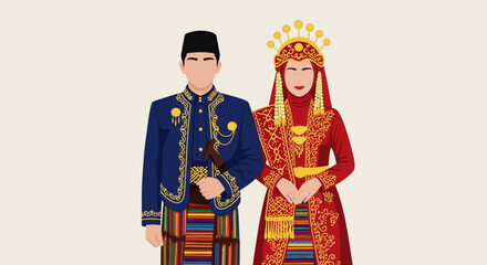Traditional Indonesian Couple in Elaborate Cultural Attire Vector Illustration