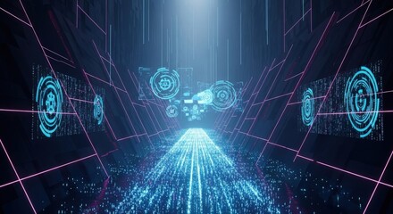 Futuristic digital corridor with glowing data streams and holographic interfaces.