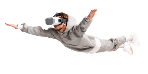 People floating in mid-air wearing VR headset in futuristic digital simulation