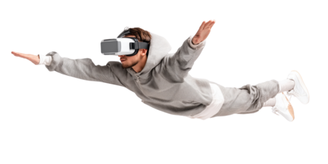 People floating in mid-air wearing VR headset in futuristic digital simulation