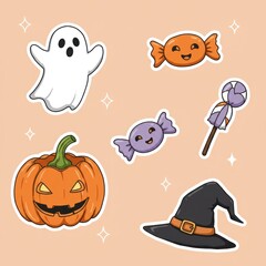 Cute Halloween sticker collection with ghost, jack-o'-lantern pumpkin, witch hat, and candy. Cartoon spooky holiday illustration set.