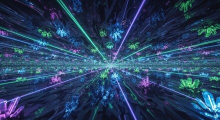 A futuristic hyperspace tunnel of glowing neon crystals and vibrant laser beams converging at a central point.