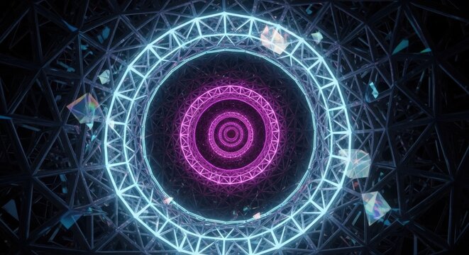 Neon circles and geometric structures form a mesmerizing, abstract tunnel.