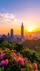 Fototapeta premium Cityscape panorama at sunrise over vibrant flowers