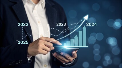 Businesswoman using smartphone to analyze financial data and future growth trends