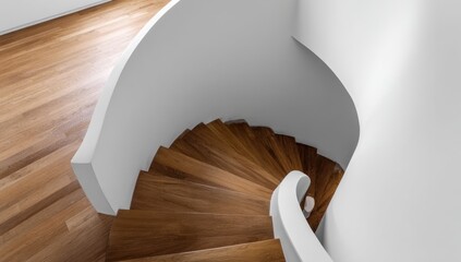 Fototapeta premium Elegant wooden spiral staircase ascends with a curved white wall, creating a modern architectural design.