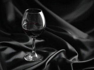 Elegant red wine glass on black satin fabric still life photography dramatic lighting fine art close-up view