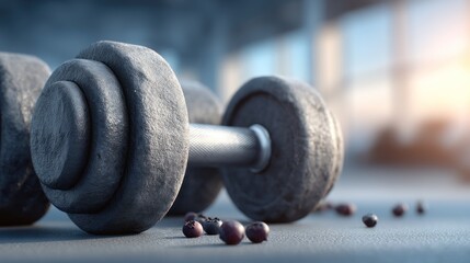 Conceptual Dumbbell Close-Up with Berries for Fitness and Healthy Lifestyle