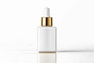 White Glass Dropper Bottle With Golden Cap For Cosmetic Serum Or Essential Oil On Clean Minimal Background For Skincare Product